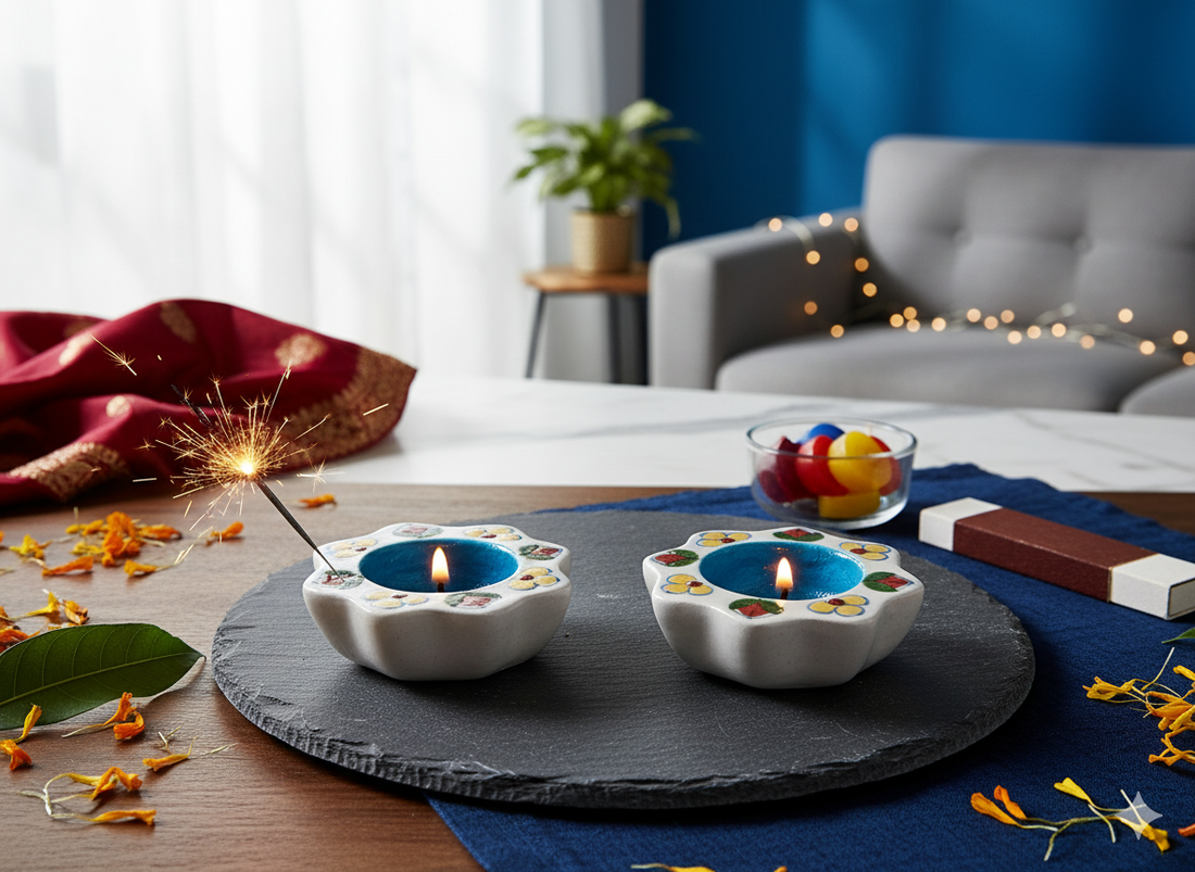 Hand-Painted Ceramic Diya Tealight Holders (Set of 2) - Floral Petal Shaped Votive Candles for Diwali Decoration, Puja & Festive Home Decor - Traditional Indian Art.