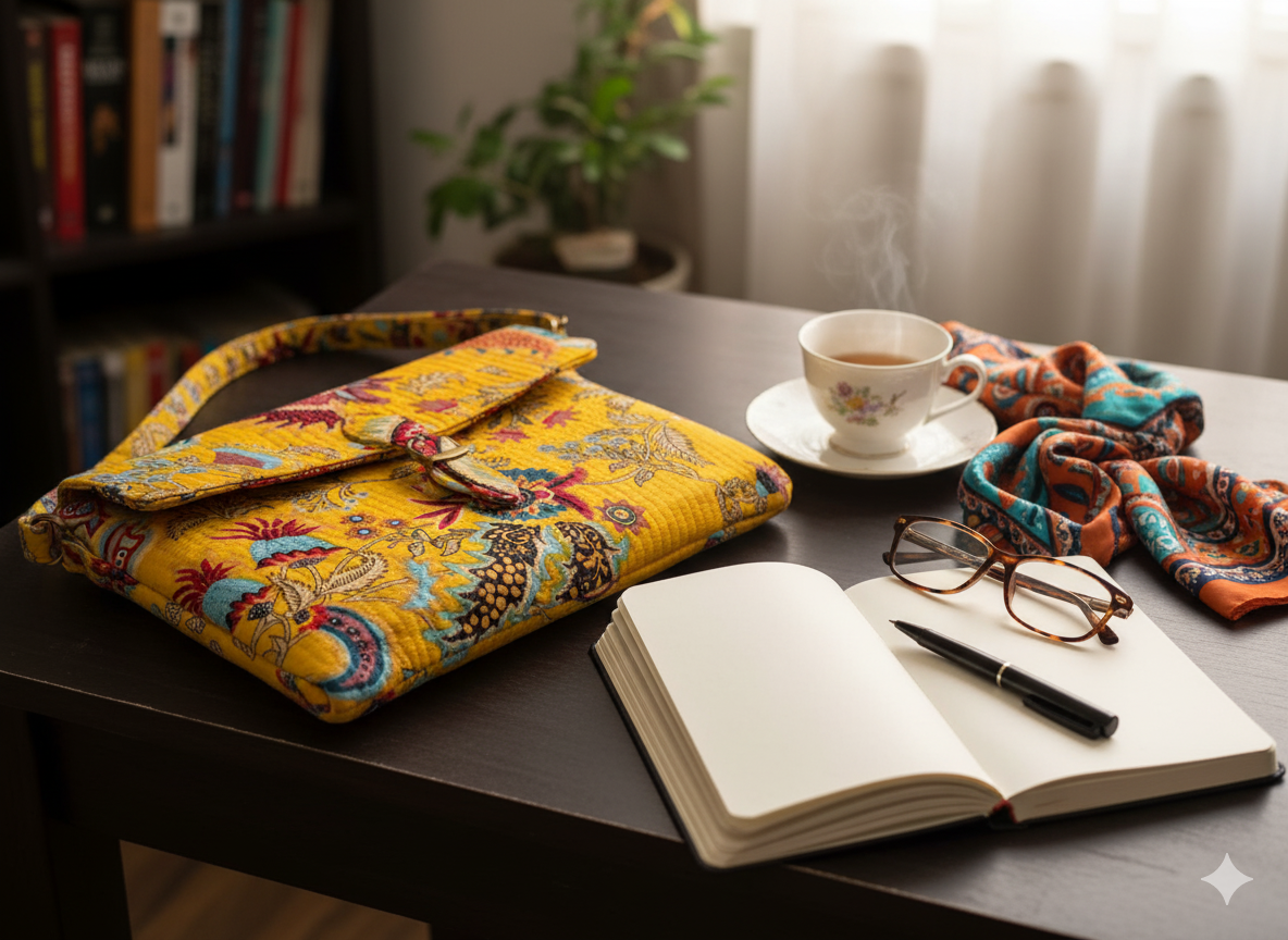 Jaipur Handcrafted Sling Bag – Yellow Floral Block Print Crossbody Bag | Eco-Friendly Indian Boho Laptop Bag