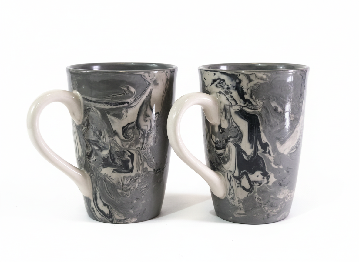 Handmade Marble Effect Ceramic Mug Set of 2  – Modern Grey Swirl Pottery Coffee Tea Cups | Unique Artisan Gift, Microwave Safe