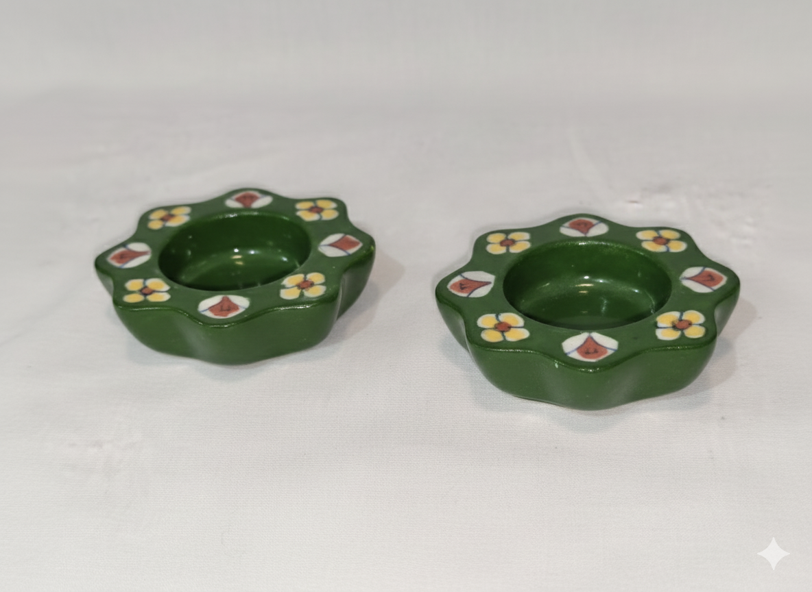 Hand-Painted Ceramic Diya Tealight Holders (Set of 2) - Green Floral Petal Votive Candles for Diwali Decor, Pooja & Festive Home Decor - Artisan Indian Art.