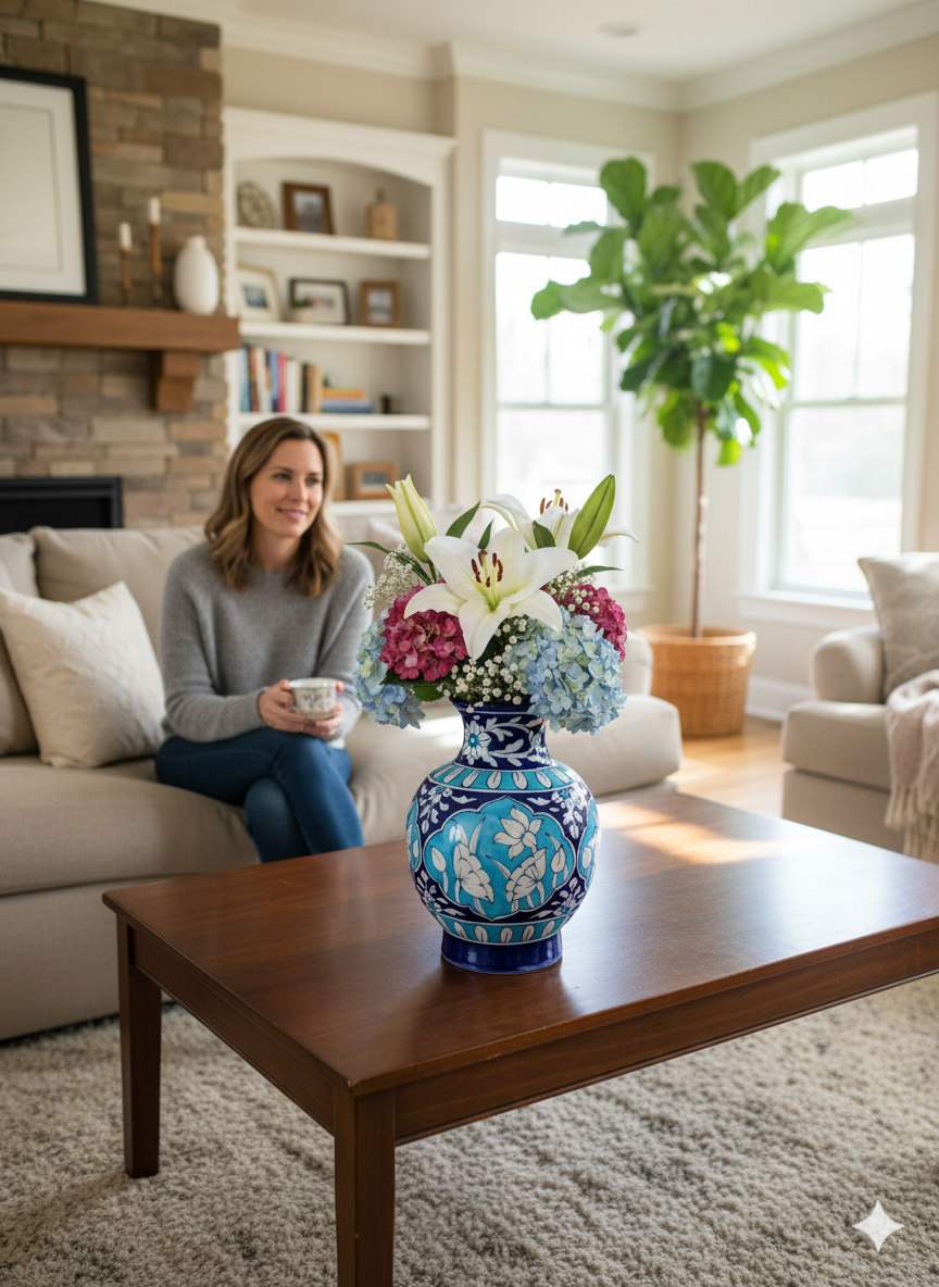 10-Inch Hand-Painted Turquoise & Cobalt Blue Pottery Vase | Traditional Indian Ceramic Vase with Birds & Floral Motif | Elegant Home Decor | Unique Artisan Gift