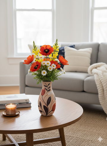Artistic 10" Clay Vase | Hand-Painted Modern Floral Motif in Red & Charcoal | Statement Terracotta Pottery for Living Room Centerpiece
