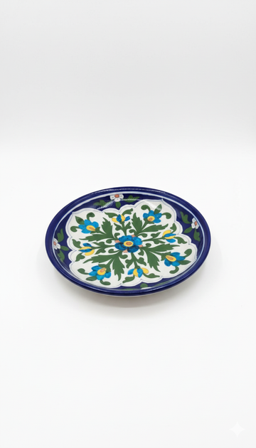 8 Inch Handcrafted Yellow Floral Blue Pottery Plate – Jaipur Ceramic Dinnerware | Unique Indian Table Plate