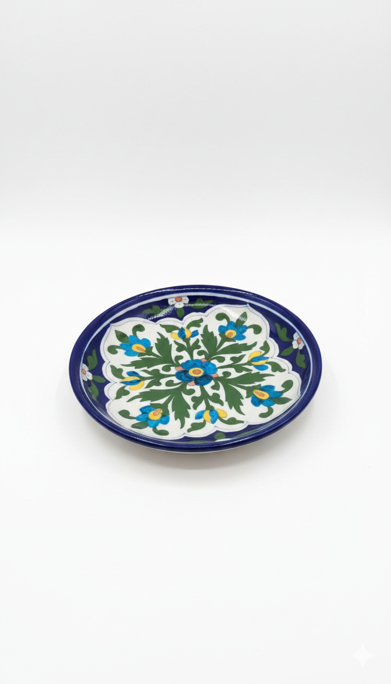 8 Inch Handcrafted Yellow Floral Blue Pottery Plate – Jaipur Ceramic Dinnerware | Unique Indian Table Plate