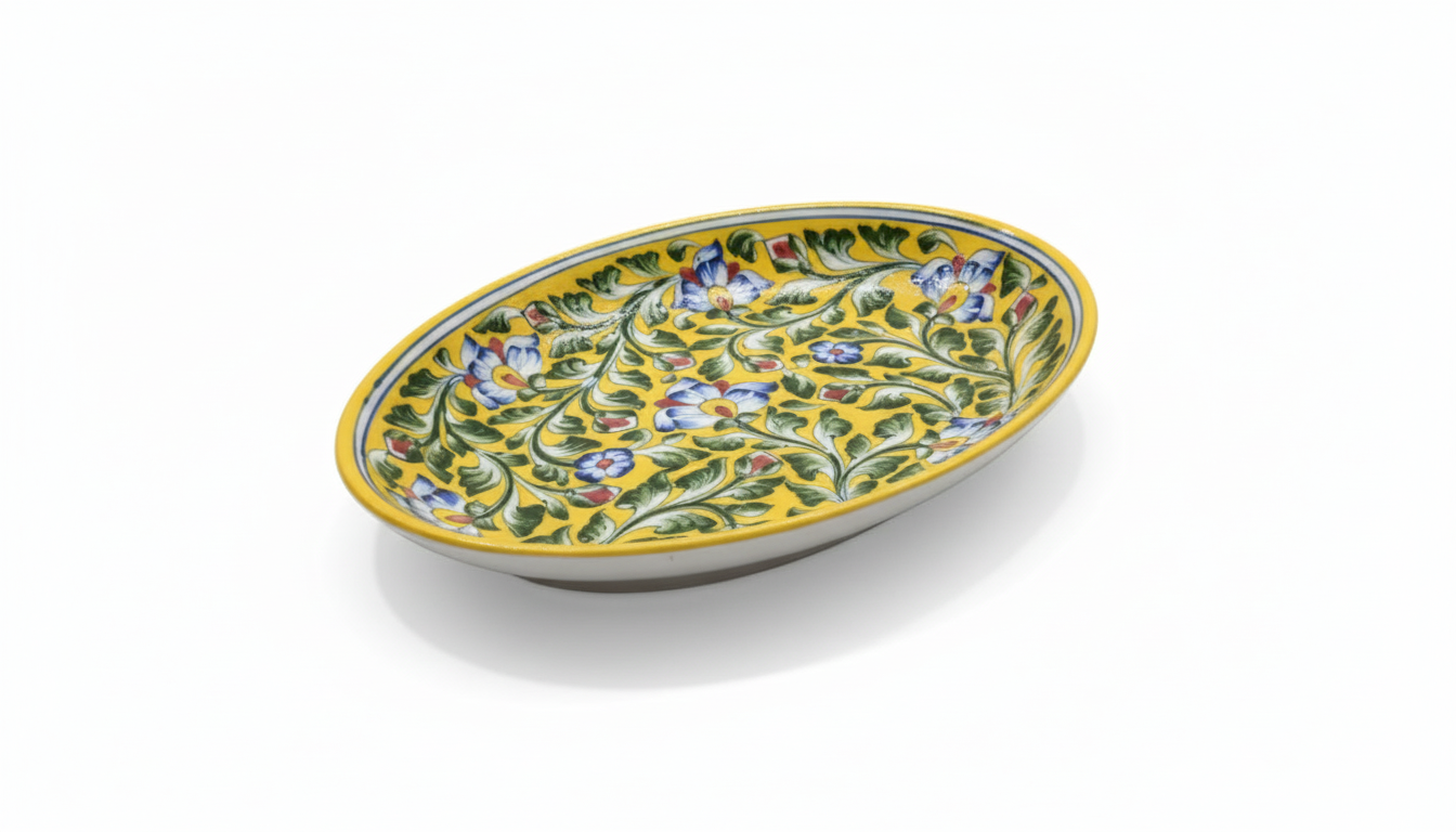 10 Inch Yellow Blue Pottery Oval Plate – Jaipur Handcrafted Floral Ceramic Platter | Indian Artisan Oval Shape Serving Plates