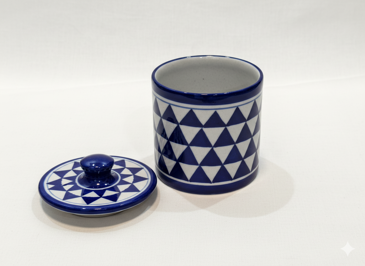 Hand-Painted Jaipur Blue Pottery Jar with Lid (4-Inch) - Indian Ceramic Spice Container, Sugar Pot & Pickle Jar with Geometric Design.