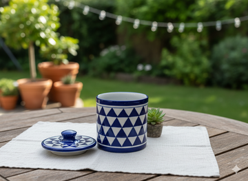 Hand-Painted Jaipur Blue Pottery Jar with Lid (4-Inch) - Indian Ceramic Spice Container, Sugar Pot & Pickle Jar with Geometric Design.