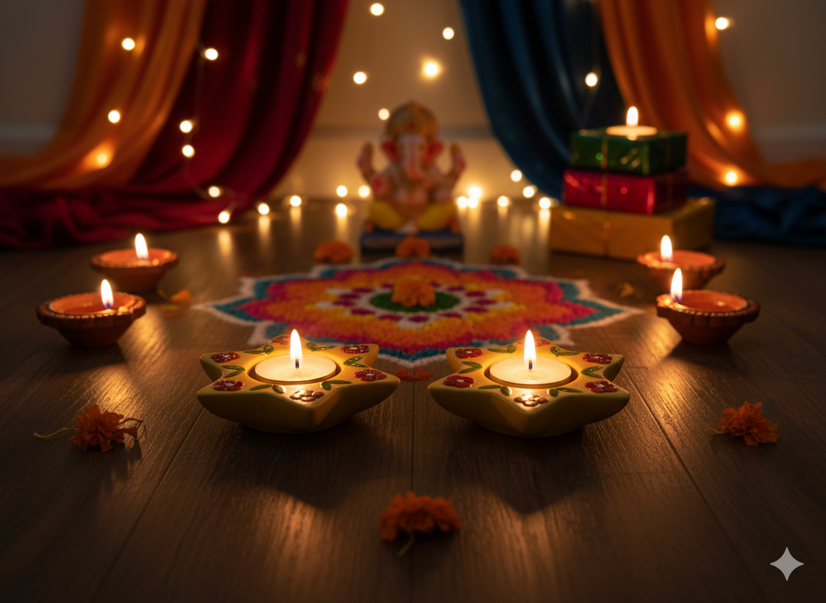 Hand-Painted Star Shaped Tealight Candle Holders (Set of 2) - Blue & White Ceramic Votive Holders for Diwali Decoration, Festive Home Decor & Gifting - Traditional Indian Diya.