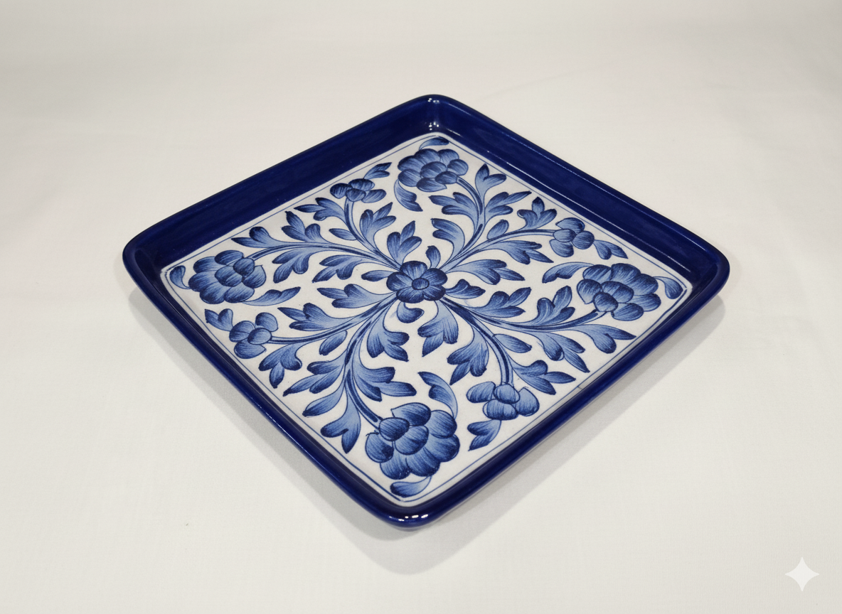 Hand-Painted Jaipur Blue Pottery Square Plate (8-Inch) - Traditional Indian Ceramic Snack, Dessert