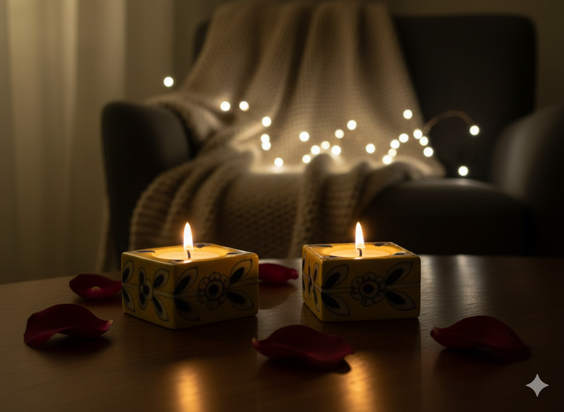 Hand-Painted Ceramic Evil Eye Tealight Candle Holders (Set of 2) - Yellow Indian Diya for Diwali Decoration, Good Luck & Puja - Artisan Votive Holder.