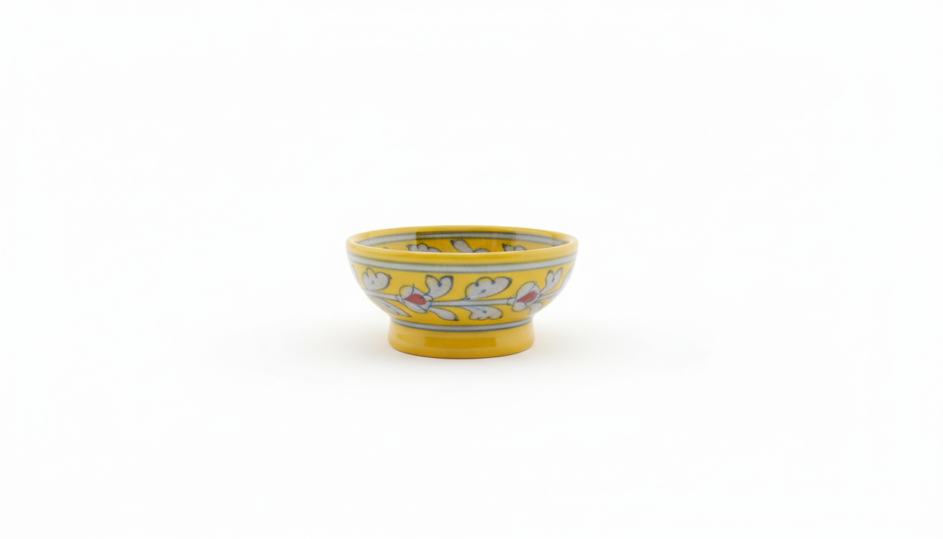 3 Inch Handcrafted Yellow Blue Pottery Bowl – Jaipur Floral Mini Ceramic Bowl | Indian Artisan Dessert & Chutney Serveware