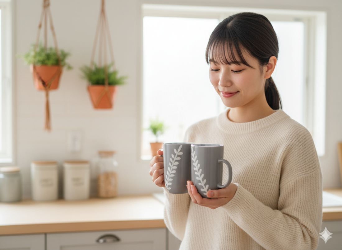 Handmade Grey Ceramic Mug Set of 2 – Leaf Pattern Pottery Coffee/Tea Cups | Artisan Modern Minimalist Kitchenware