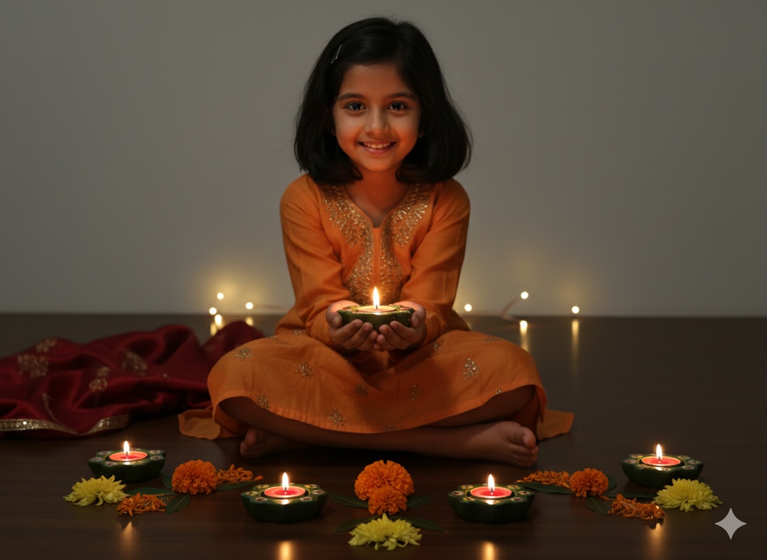 Hand-Painted Ceramic Diya Tealight Holders (Set of 2) - Green Floral Petal Votive Candles for Diwali Decor, Pooja & Festive Home Decor - Artisan Indian Art.