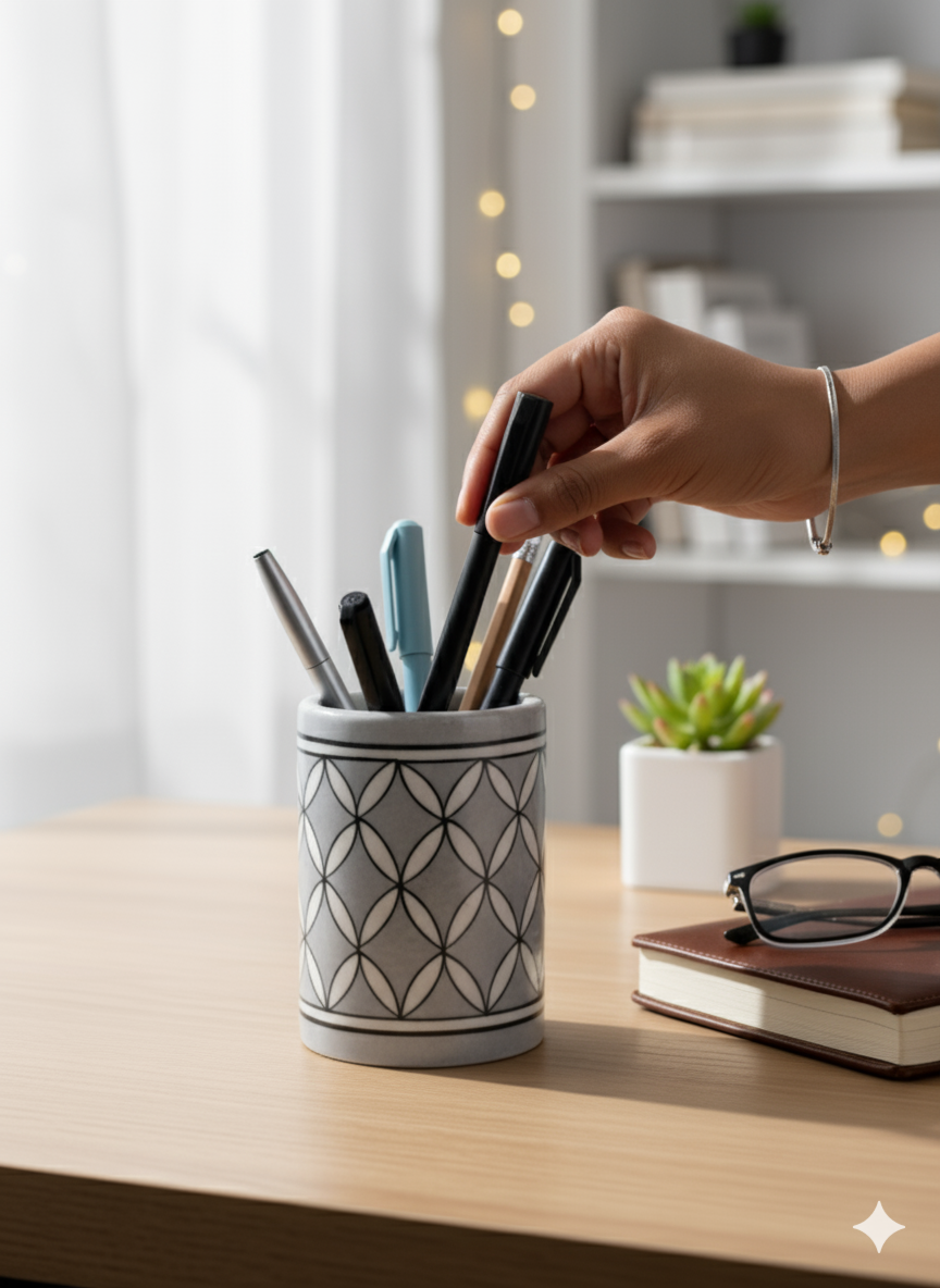 Handmade Grey Geometric Ceramic Pen Holder – Minimalist Pottery Desk Organizer & Stationery Stand