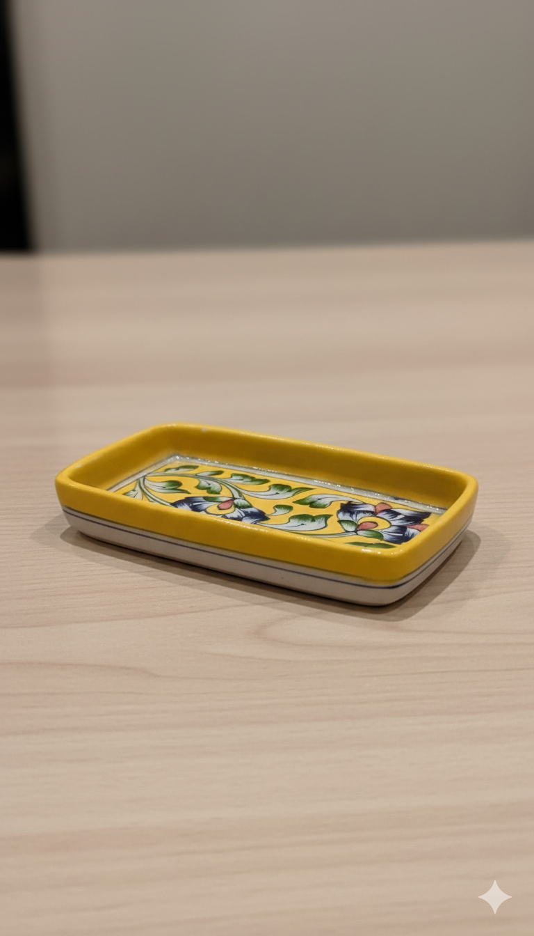 3 Inch Handcrafted Yellow Floral Blue Pottery Tray – Jaipur Miniature Rectangular Serving Tray | Indian Ceramic Trinket Holder