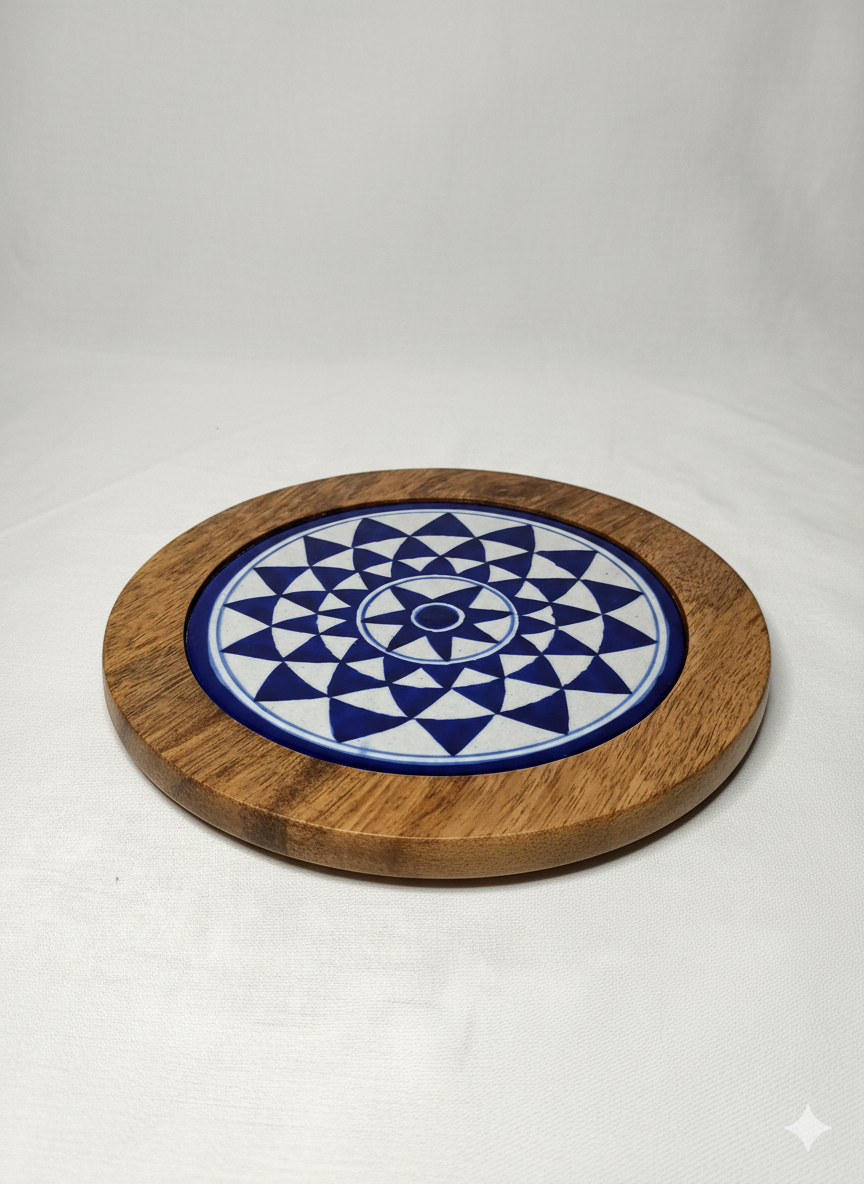 Handcrafted Wooden Trivet with Blue & White Geometric Ceramic Tile - Heat Resistant Pot Holder for Hot Dishes, Pots & Pans - 8-Inch Round Countertop Protector.