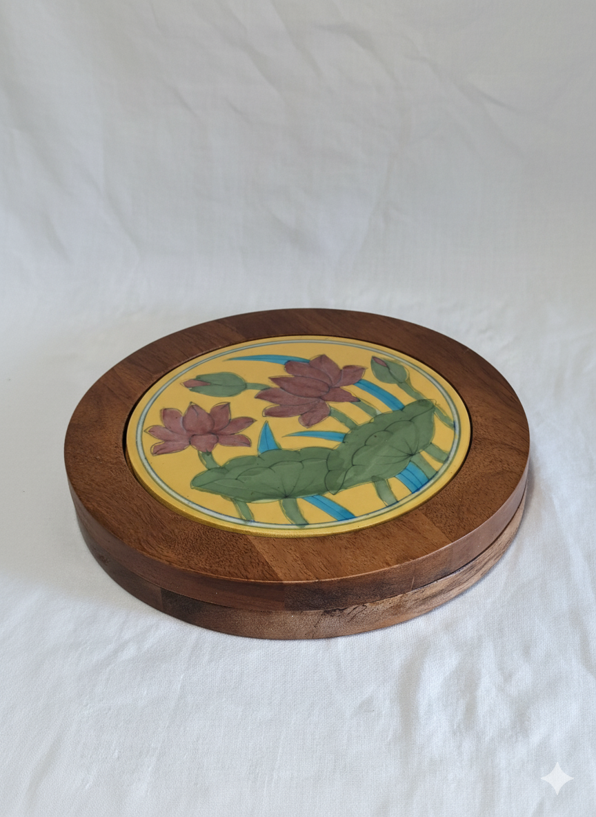 Hand-Painted Lotus Flower Ceramic Trivet with Dark Wood Base - Heat Resistant Pot Holder for Hot Dishes, Pots & Pans - Yellow & Pink Floral Kitchen Decor.