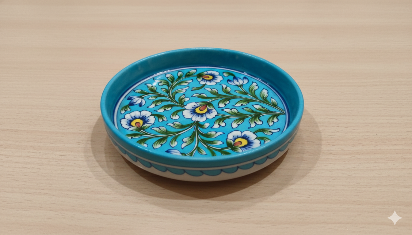 8 Inch Handcrafted Blue Pottery Pasta Plate – Jaipur Deep Round Floral Ceramic Plate | Indian Artisan Dinnerware for Pasta & Salads