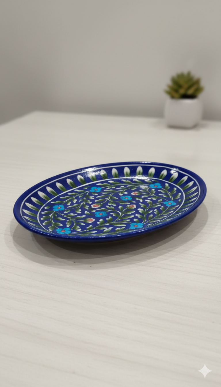 10 Inch Blue Pottery Oval Plate – Jaipur Handcrafted Floral Ceramic Platter | Indian Artisan Oval Shape Serving Plates