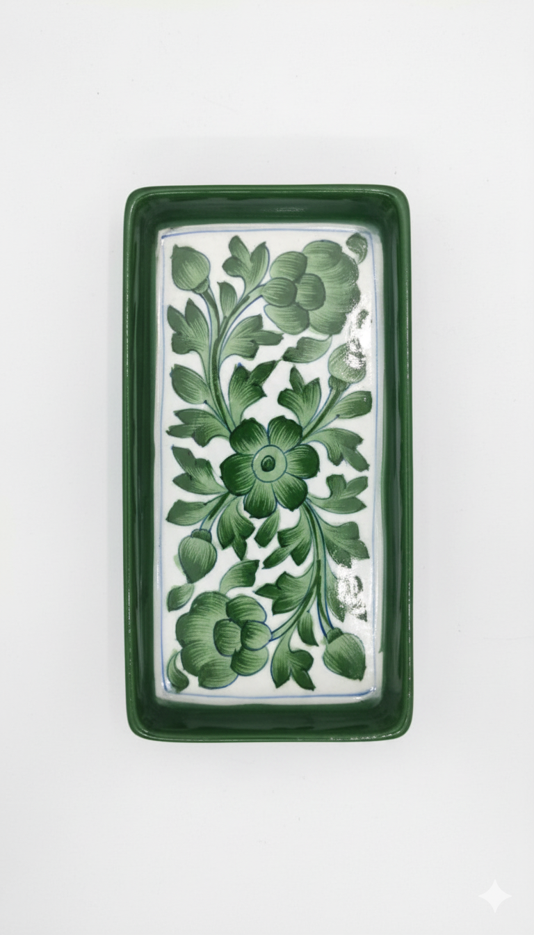 4 Inch Green Floral Handcrafted Tray – Jaipur Blue Pottery Serving Platter | Mini Ceramic Tray for Snacks & Decor