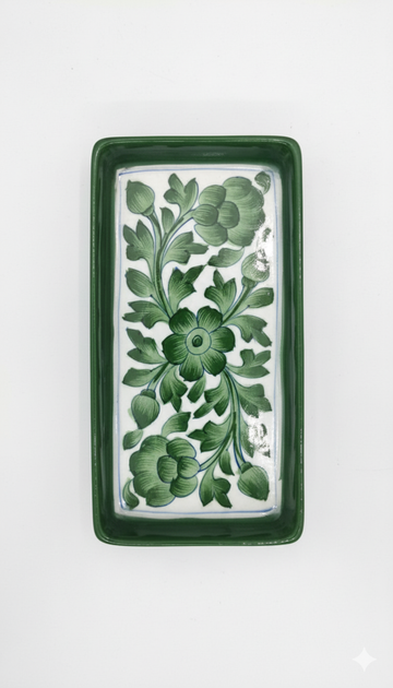 4 Inch Green Floral Handcrafted Tray – Jaipur Blue Pottery Serving Platter | Mini Ceramic Tray for Snacks & Decor
