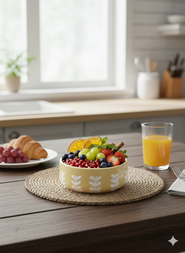 6-Inch Stoneware Ceramic Cereal Bowl - Yellow with White Leaf Pattern - Shallow & Modern for Fruit, Salads, and Snacks - Microwave & Dishwasher Safe.