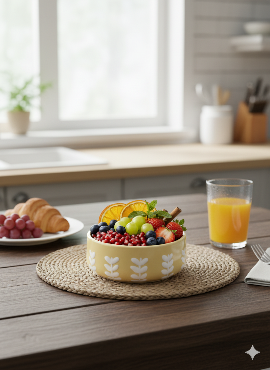 6-Inch Stoneware Ceramic Cereal Bowl - Yellow with White Leaf Pattern - Shallow & Modern for Fruit, Salads, and Snacks - Microwave & Dishwasher Safe.