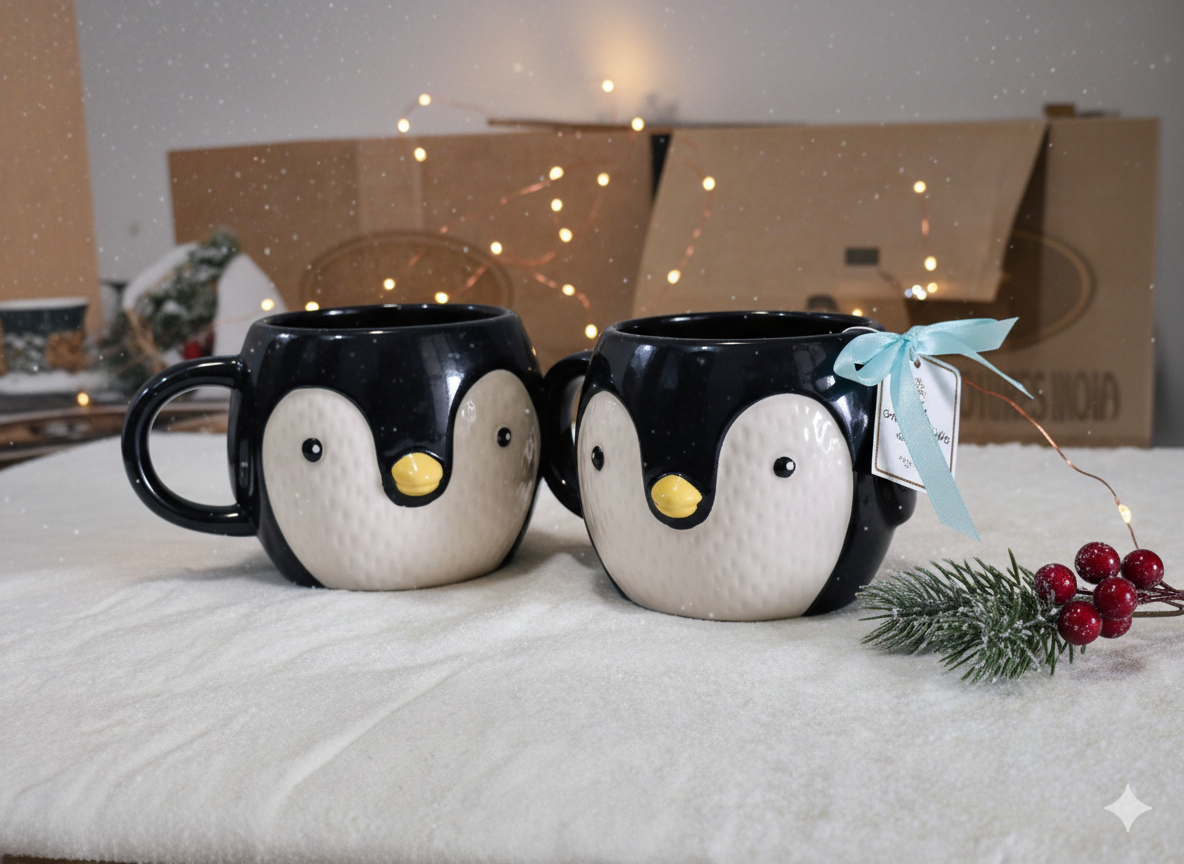 Cute Penguin Ceramic Cup Set of 2 – Handmade Animal Face Coffee & Tea Mugs | Fun Pottery Collectible Gift Pair