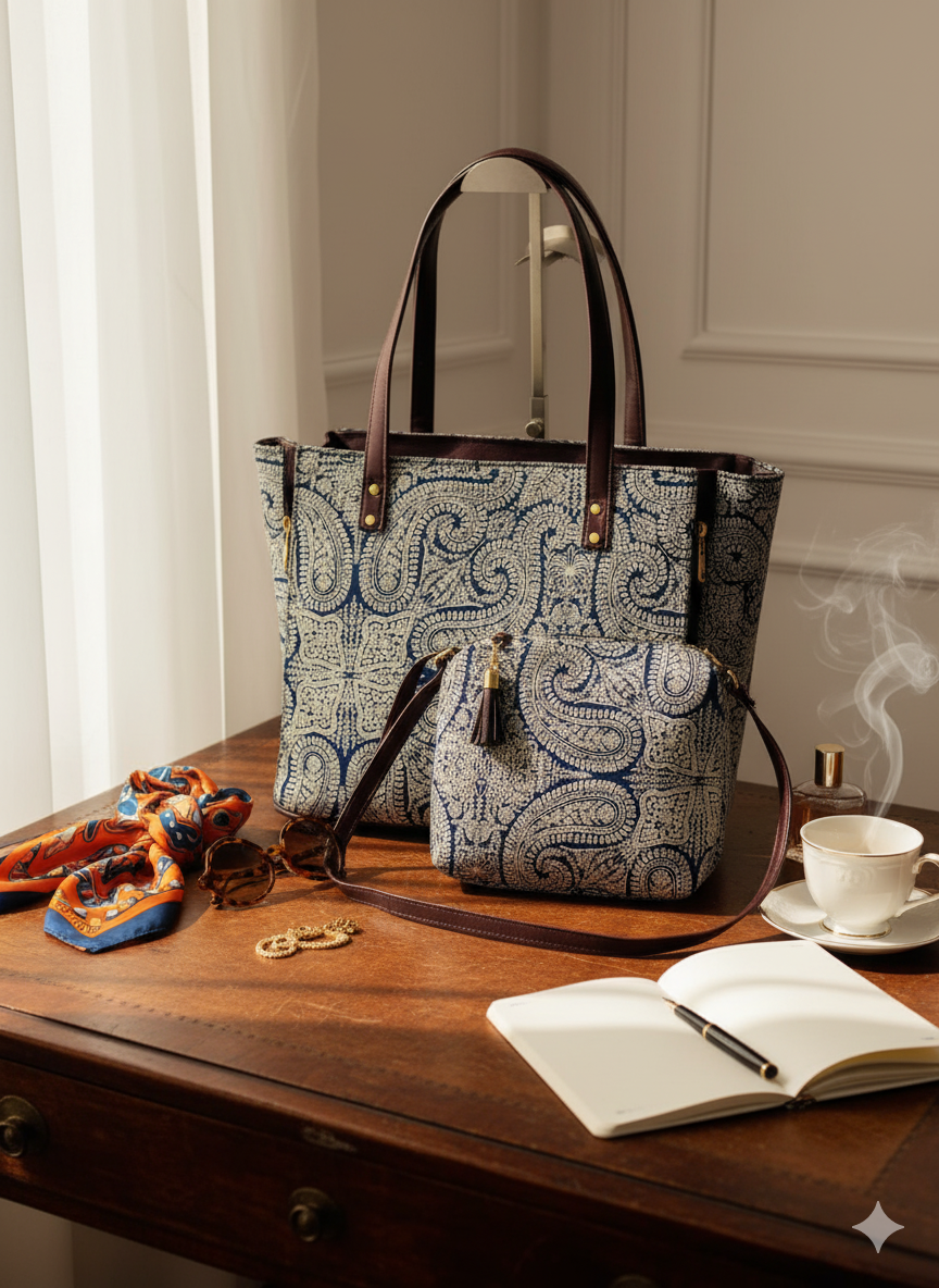Artisan Paisley Block Print Tote Bag with Matching Sling | Indian Ethnic Handbag Set for Women Size 18x12 Inch Tote & 10x8 Inch Sling