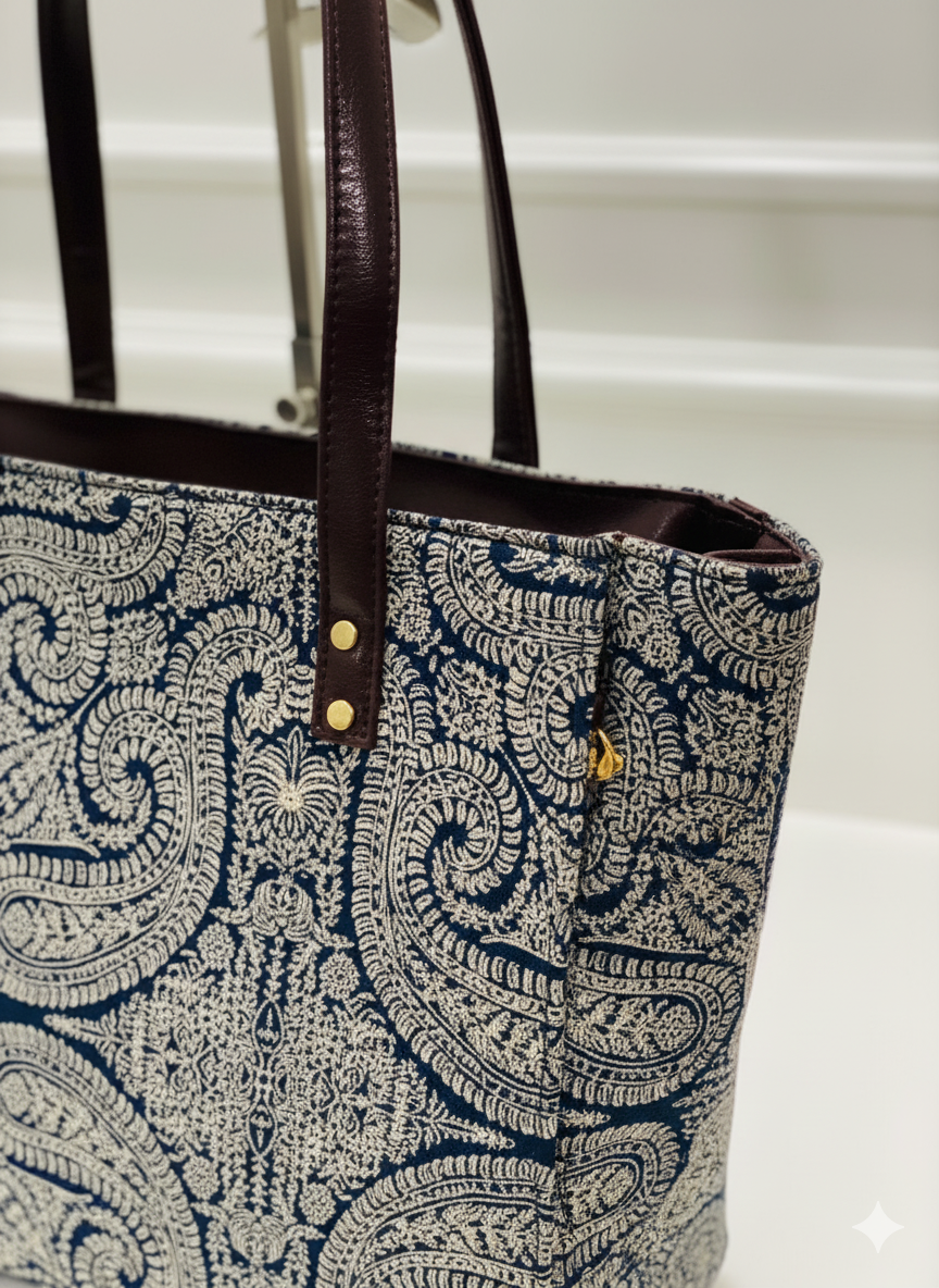 Artisan Paisley Block Print Tote Bag with Matching Sling | Indian Ethnic Handbag Set for Women Size 18x12 Inch Tote & 10x8 Inch Sling