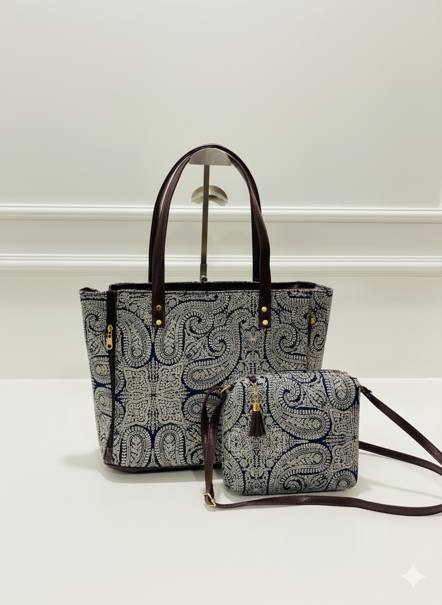 Artisan Paisley Block Print Tote Bag with Matching Sling | Indian Ethnic Handbag Set for Women Size 18x12 Inch Tote & 10x8 Inch Sling