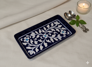 4 Inch Handmade Jaipur Blue Pottery Tray – Small Rectangular Floral Ceramic Multipurpose Serving & Snack Tray | Rajasthani Artisan Gift