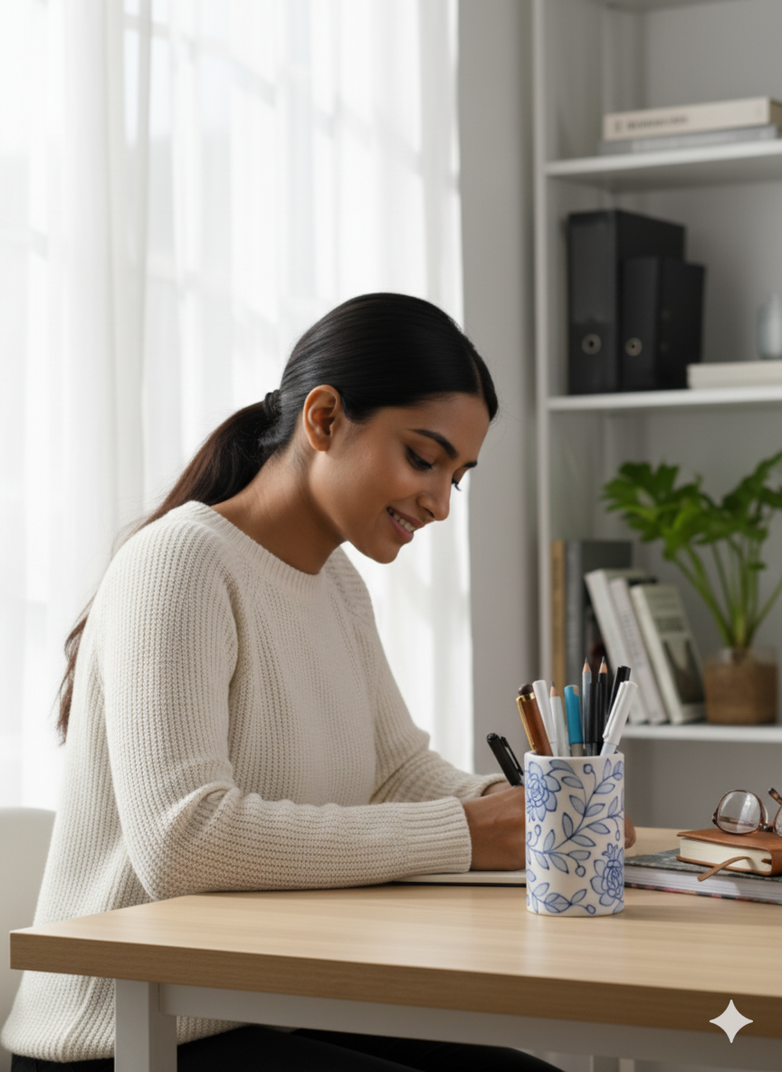Handmade Jaipur Blue Pottery Pen Holder – Floral Ceramic Desk Organizer | Rajasthani Artisan Stationery Stand