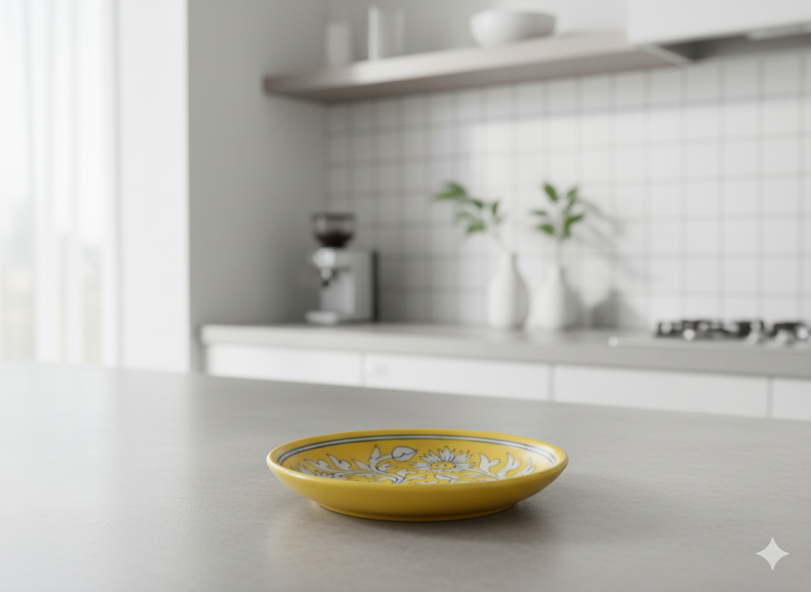 Hand-Painted Yellow Jaipur Blue Pottery Plate (8-Inch) - Traditional Indian Ceramic Snack, Dessert & Appetizer Plate