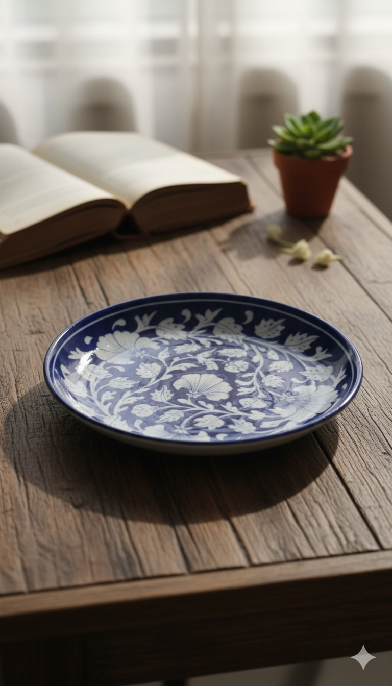 8 Inch Blue Pottery Plates – Jaipur Handcrafted Round Ceramic Dinner Plates | Indian Floral Tableware