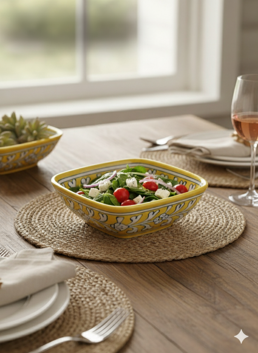 Hand-Painted Yellow Jaipur Blue Pottery Bowl (6-Inch) - Artisan Ceramic Snack & Decorative Wall Plate - A Piece of Indian Heritage.