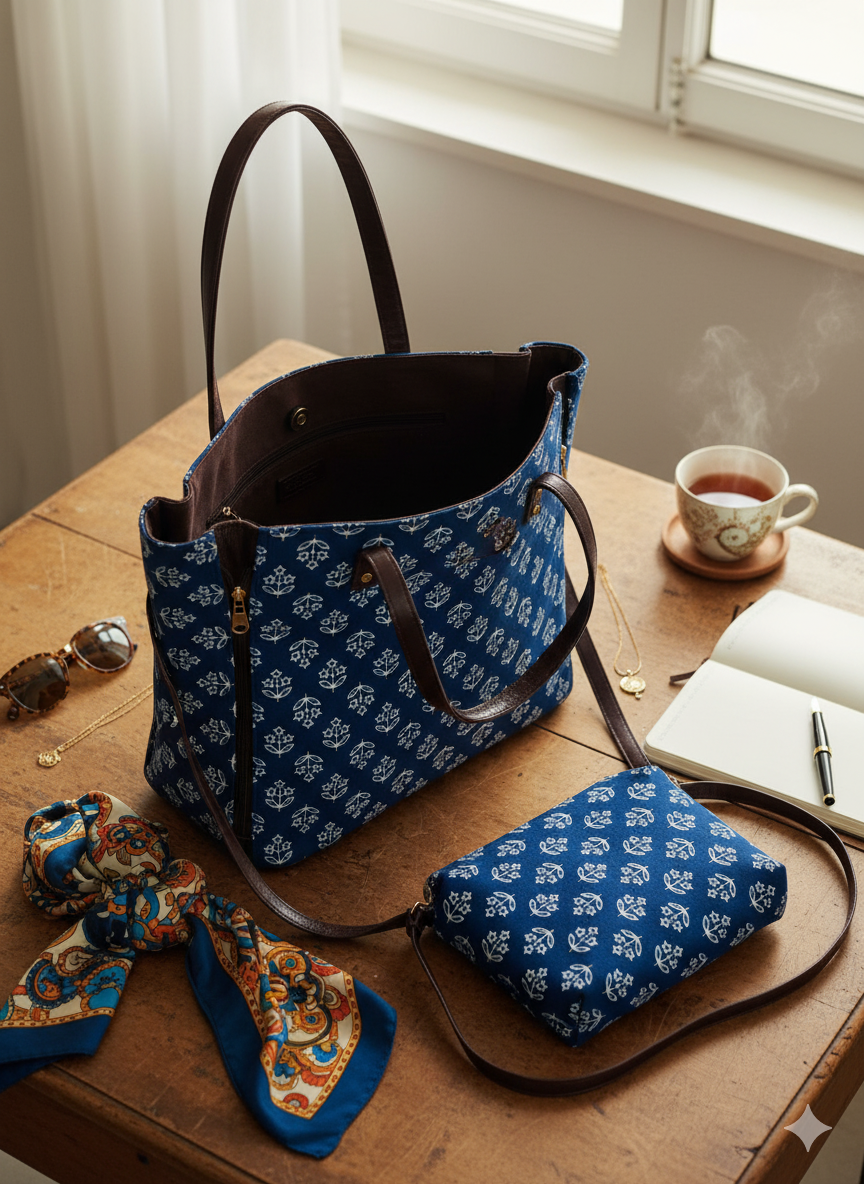 Jaipur Handcrafted Tote Bag 18x12 Inch & Sling 10x8 Inch – Blue Block Print Eco-Friendly Bag Set | Designer Handbag & Small Sling Purse For Women