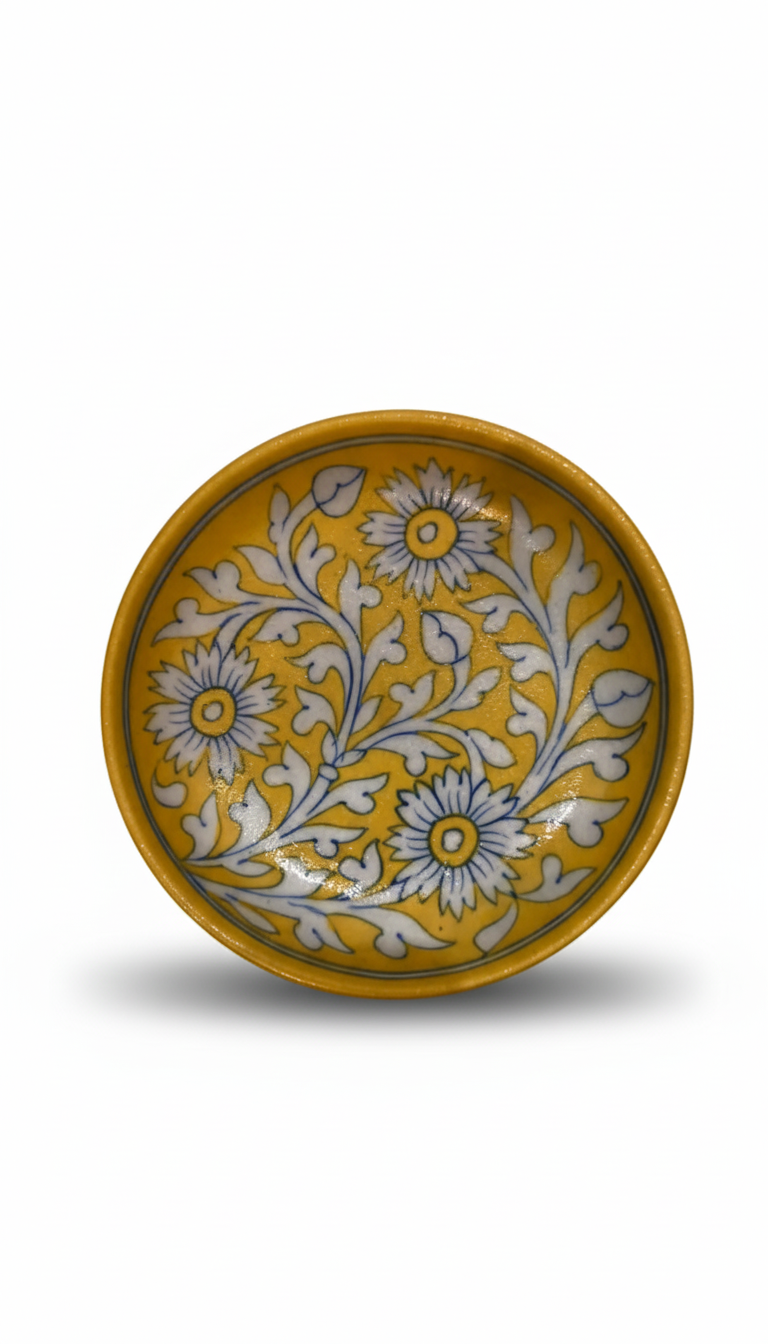 6 Inch Handcrafted Yellow Blue Pottery Plate – Jaipur Floral Mini Ceramic Snack & Breakfast Plate | Indian Artisan Appetizer Plate