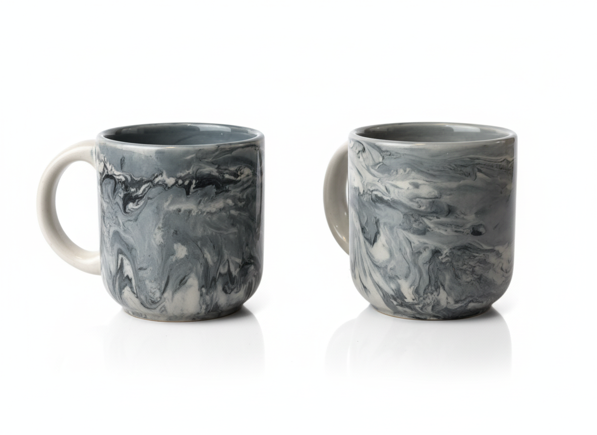 Handmade Ceramic Marble Cup Set of 2 – Modern Grey Swirl Coffee & Tea Cups | Designer Pottery Mug Pair for Home & Office