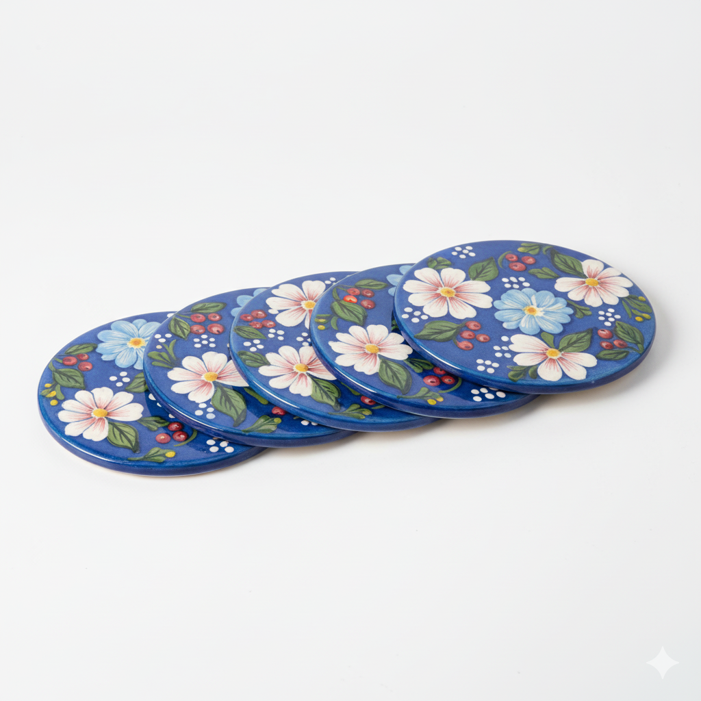 Hand-Painted Jaipur Blue Pottery Coasters (Set of 4) - Traditional Indian Floral Ceramic Drink Coasters for Tea, Coffee & Mugs - Round Tabletop Protection.