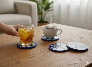 Hand-Painted Jaipur Blue Pottery Coasters (Set of 4) - Traditional Indian Floral Ceramic Drink Coasters for Tea, Coffee & Mugs - Round Tabletop Protection.