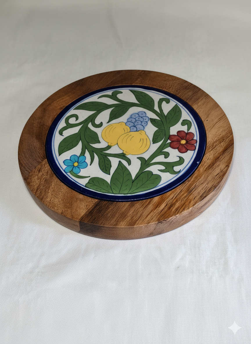 Hand-Painted Floral & Fruit Ceramic Trivet with Wood Base - 7-Inch Heat Resistant Pot Holder for Hot Dishes, Pots & Pans - Decorative Lemon & Flower Design.