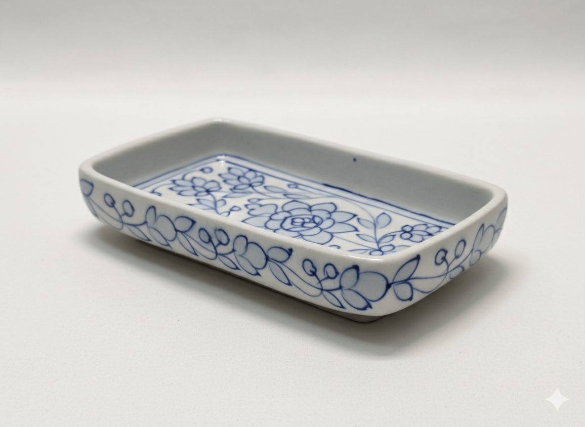 3 Inch Handmade Jaipur Blue Pottery Tray – Mini Floral Ceramic Multipurpose Snack & Trinket Tray | Rajasthani Artisan Craft