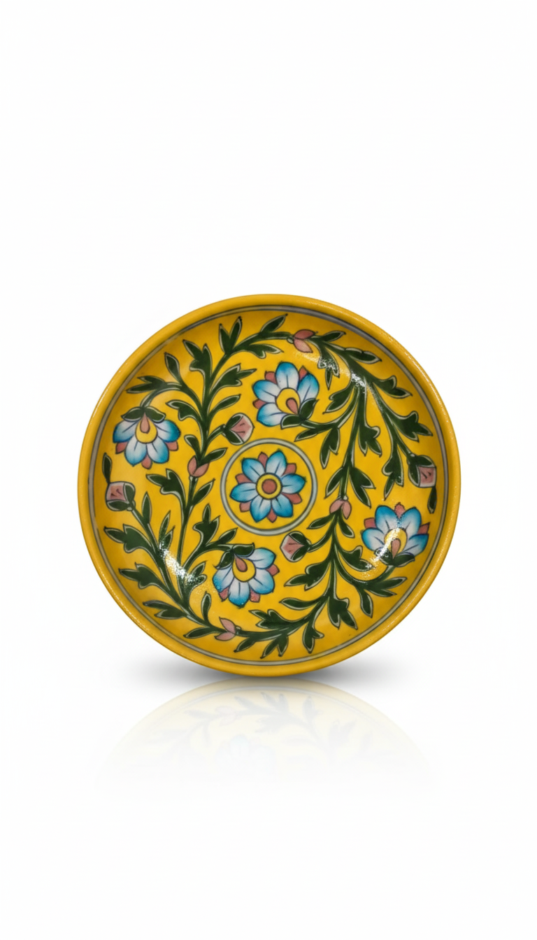 8 Inch Blue Pottery Plate – Jaipur Handcrafted Yellow Floral Dinner Plate | Decorative Indian Ceramic Plate