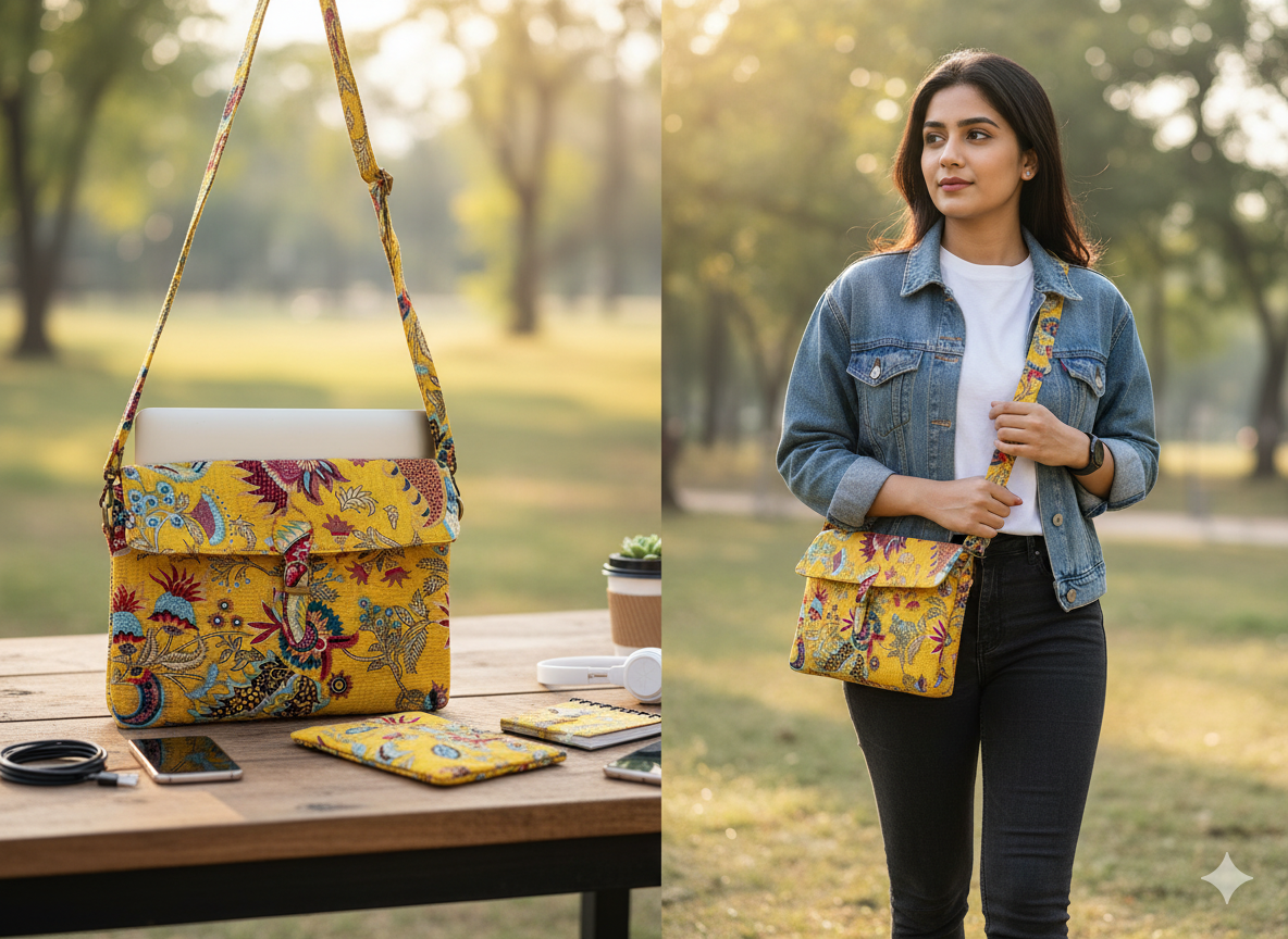 Jaipur Handcrafted Sling Bag – Yellow Floral Block Print Crossbody Bag | Eco-Friendly Indian Boho Laptop Bag
