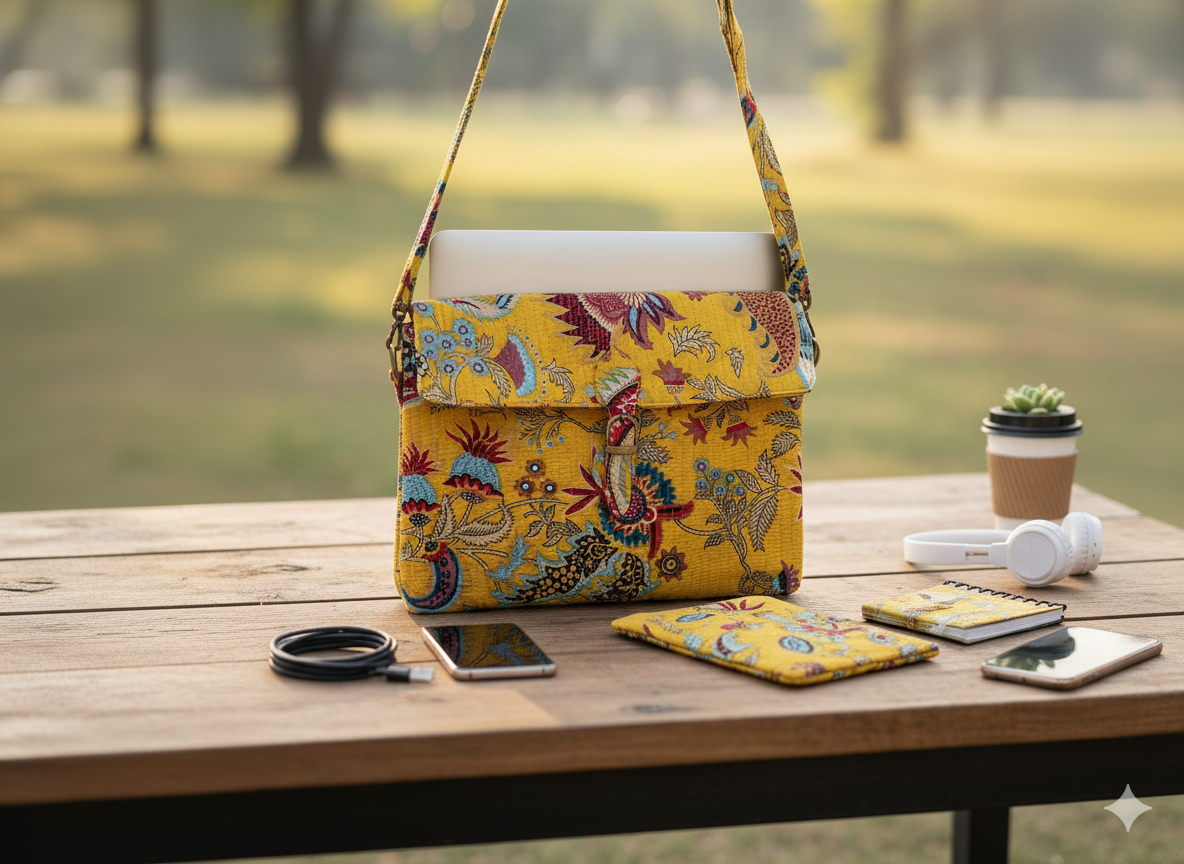 Jaipur Handcrafted Sling Bag – Yellow Floral Block Print Crossbody Bag | Eco-Friendly Indian Boho Laptop Bag