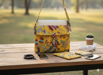 Jaipur Handcrafted Sling Bag – Yellow Floral Block Print Crossbody Bag | Eco-Friendly Indian Boho Laptop Bag