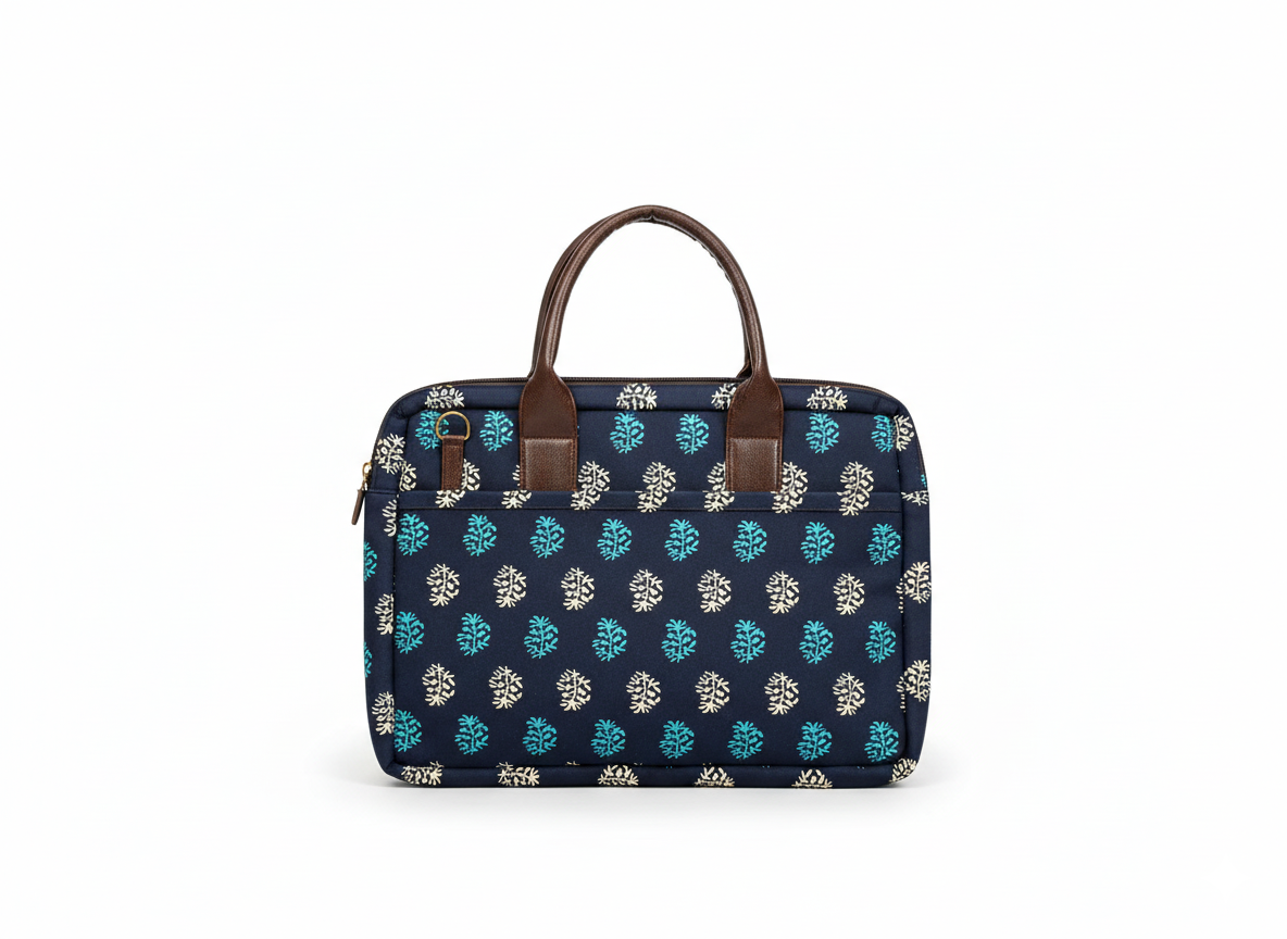 aipur Handcrafted Laptop Bag – Blue Block Print Office Tote | Stylish Eco-Friendly Travel Work Bag for Women