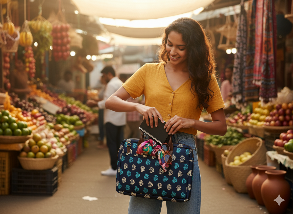 aipur Handcrafted Laptop Bag – Blue Block Print Office Tote | Stylish Eco-Friendly Travel Work Bag for Women