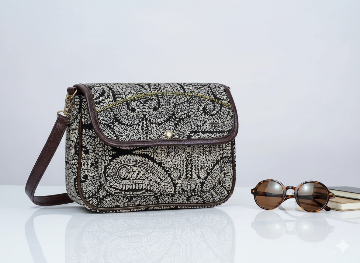 Jaipur Handcrafted Sling Bag – Black Paisley Print Crossbody | Eco-Friendly Artisan Fashion Purse for Women